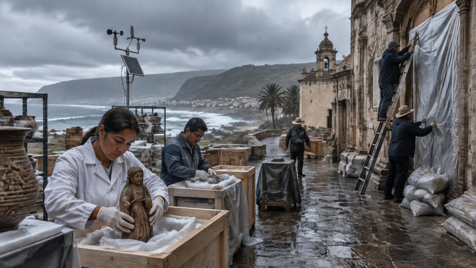 Heritage conservators preparing artefacts and a historic coastal site for severe El Niño weather.