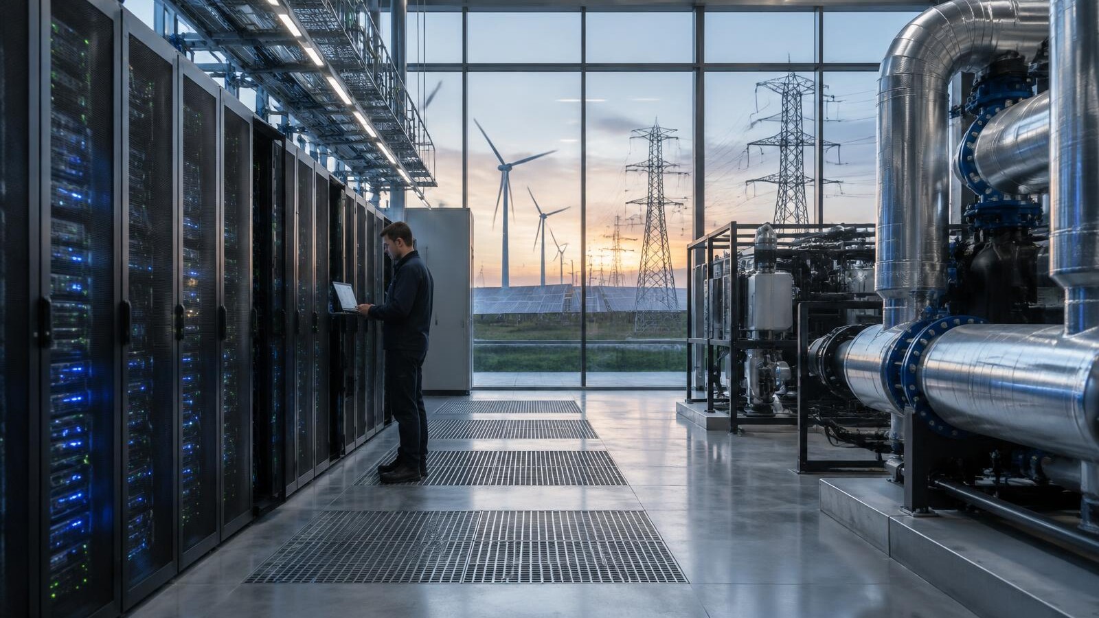 A modern AI data centre connected to electricity, cooling and renewable-energy infrastructure.