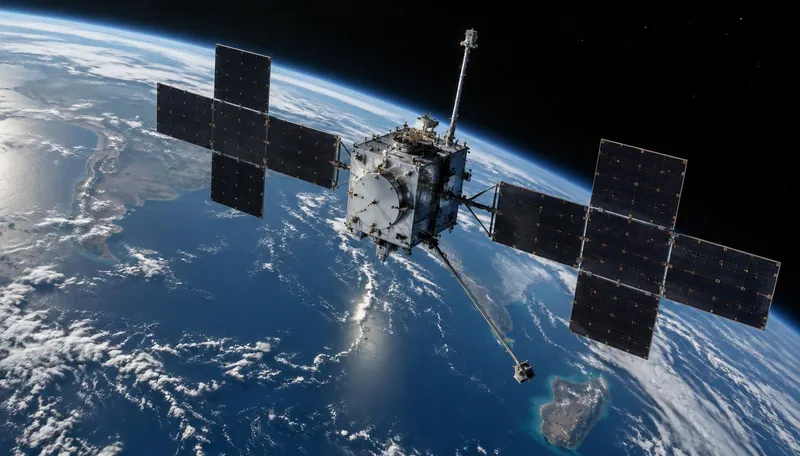 AI-generated image: Juice spacecraft passing above Earth’s curved horizon during a gravity-assist flyby.
